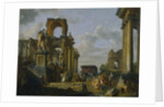 Architectural Capriccio of the Roman Forum with Philosophers and Soldiers among Ancient Ruins by Giovanni Paolo Panini