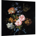 Bouquet of poppy anemones, roses, double campernelle, a hyacinth, a tulip and auricula tied with a b by Jean-Baptiste Monnoyer
