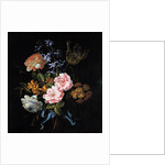 Bouquet of poppy anemones, roses, double campernelle, a hyacinth, a tulip and auricula tied with a b by Jean-Baptiste Monnoyer