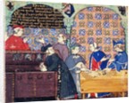 Avarice. A miniature with scenes of banking by Master of the Cocharelli Codex