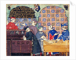Avarice. A miniature with scenes of banking by Master of the Cocharelli Codex