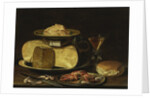 Still Life with Cheeses, Glas à la façon de Venise and crayfish on a pewter plate by Clara Peeters
