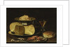 Still Life with Cheeses, Glas à la façon de Venise and crayfish on a pewter plate by Clara Peeters