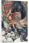 Ohe! Ohe! Terrible dragon, oh, swallow me not! Illustration for The Rhinegold and The Valkyrie by by Arthur Rackham