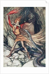 Ohe! Ohe! Terrible dragon, oh, swallow me not! Illustration for The Rhinegold and The Valkyrie by by Arthur Rackham