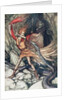 Ohe! Ohe! Terrible dragon, oh, swallow me not! Illustration for The Rhinegold and The Valkyrie by by Arthur Rackham
