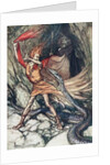 Ohe! Ohe! Terrible dragon, oh, swallow me not! Illustration for The Rhinegold and The Valkyrie by by Arthur Rackham