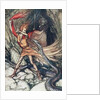 Ohe! Ohe! Terrible dragon, oh, swallow me not! Illustration for The Rhinegold and The Valkyrie by by Arthur Rackham
