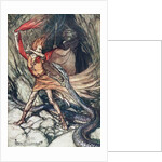 Ohe! Ohe! Terrible dragon, oh, swallow me not! Illustration for The Rhinegold and The Valkyrie by by Arthur Rackham