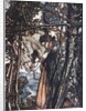 Brünnhilde leads her horse by the bridle. Illustration for The Rhinegold and The Valkyrie by Richa by Arthur Rackham