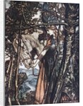 Brünnhilde leads her horse by the bridle. Illustration for The Rhinegold and The Valkyrie by Richa by Arthur Rackham