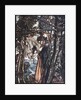 Brünnhilde leads her horse by the bridle. Illustration for The Rhinegold and The Valkyrie by Richa by Arthur Rackham