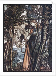 Brünnhilde leads her horse by the bridle. Illustration for The Rhinegold and The Valkyrie by Richa by Arthur Rackham