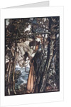 Brünnhilde leads her horse by the bridle. Illustration for The Rhinegold and The Valkyrie by Richa by Arthur Rackham