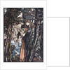 Brünnhilde leads her horse by the bridle. Illustration for The Rhinegold and The Valkyrie by Richa by Arthur Rackham