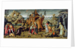 Landscape with biblical scenes and legends of the saints by Jacopo del Sellaio
