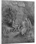 Raphael talks to Adam and Eve. Illustration for John Miltons Paradise Lost, 1866 by Gustave Doré