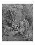 Raphael talks to Adam and Eve. Illustration for John Miltons Paradise Lost, 1866 by Gustave Doré