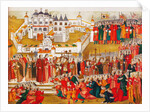 A crowd at the Hypatian Monastery imploring Mikhail Romanovs mother to let him go to Moscow and bec by Artamon Sergeevich Matveyev