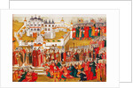 A crowd at the Hypatian Monastery imploring Mikhail Romanovs mother to let him go to Moscow and bec by Artamon Sergeevich Matveyev