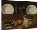 Still life with plates, a sack filled with olives, game, pomegranates, and quince by Paolo Antonio Barbieri