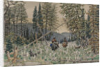 Hunters on horseback in a pine forest by Appolinari Mikhaylovich Vasnetsov