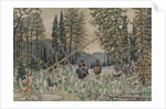 Hunters on horseback in a pine forest by Appolinari Mikhaylovich Vasnetsov