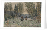 Hunters on horseback in a pine forest by Appolinari Mikhaylovich Vasnetsov
