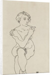 Seated female nude, arms and legs crossed, 1918 by Egon Schiele