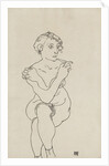 Seated female nude, arms and legs crossed, 1918 by Egon Schiele