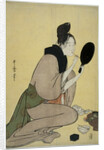 Bijin-ga. Girl applying makeup to her lips by Kitagawa Utamaro