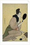 Bijin-ga. Girl applying makeup to her lips by Kitagawa Utamaro