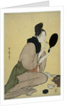Bijin-ga. Girl applying makeup to her lips by Kitagawa Utamaro