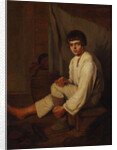 Boy putting bast shoe on, 1820s by Anonymous