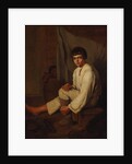 Boy putting bast shoe on, 1820s by Anonymous