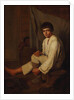 Boy putting bast shoe on, 1820s by Anonymous