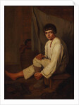 Boy putting bast shoe on, 1820s by Anonymous