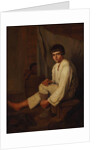 Boy putting bast shoe on, 1820s by Anonymous