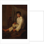 Boy putting bast shoe on, 1820s by Anonymous