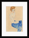 Sitting young woman, half nude with blue skirt (Wally Neuzil) by Anonymous
