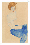 Sitting young woman, half nude with blue skirt (Wally Neuzil) by Anonymous