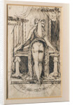 Callipyga. Lady with raised skirts, standing in front of a dressing table with phallic supports by Anonymous