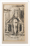 Callipyga. Lady with raised skirts, standing in front of a dressing table with phallic supports by Anonymous