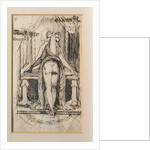 Callipyga. Lady with raised skirts, standing in front of a dressing table with phallic supports by Anonymous