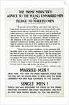 Recruitment Poster The Prime Minister's Advise to the Young Unmarried Men and Pledge to Married Men by Anonymous