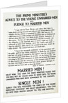 Recruitment Poster The Prime Minister's Advise to the Young Unmarried Men and Pledge to Married Men by Anonymous