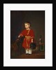 Portrait of a boy in a red dress with military toys by Anonymous