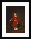 Portrait of a boy in a red dress with military toys by Anonymous