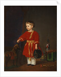 Portrait of a boy in a red dress with military toys by Anonymous