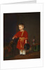 Portrait of a boy in a red dress with military toys by Anonymous